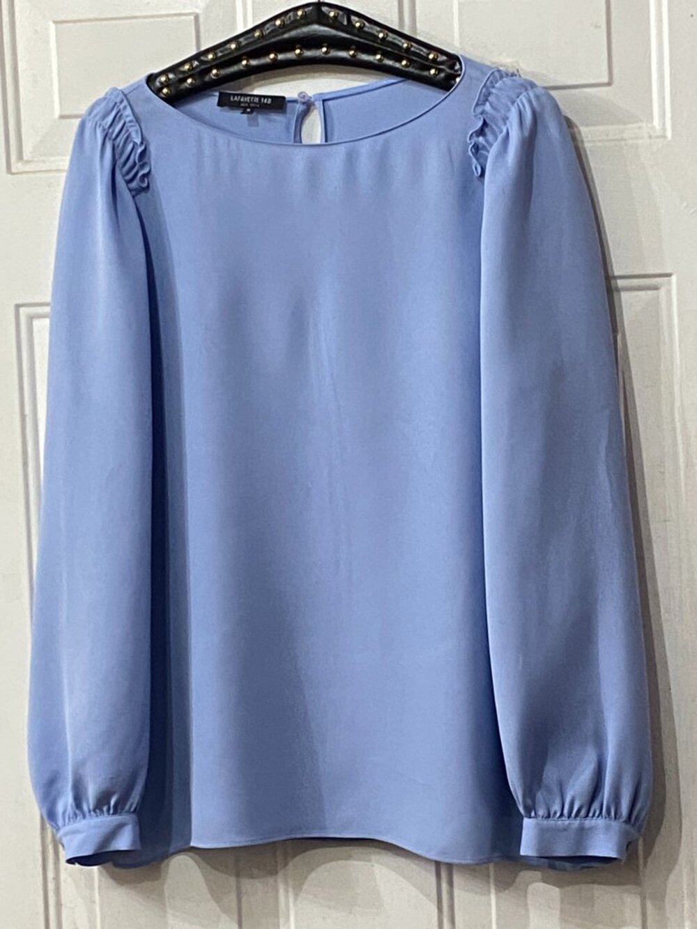 Lafayette 148 New York Silk Sz M Blouse Blue Long Sleeve Ruffle Detail